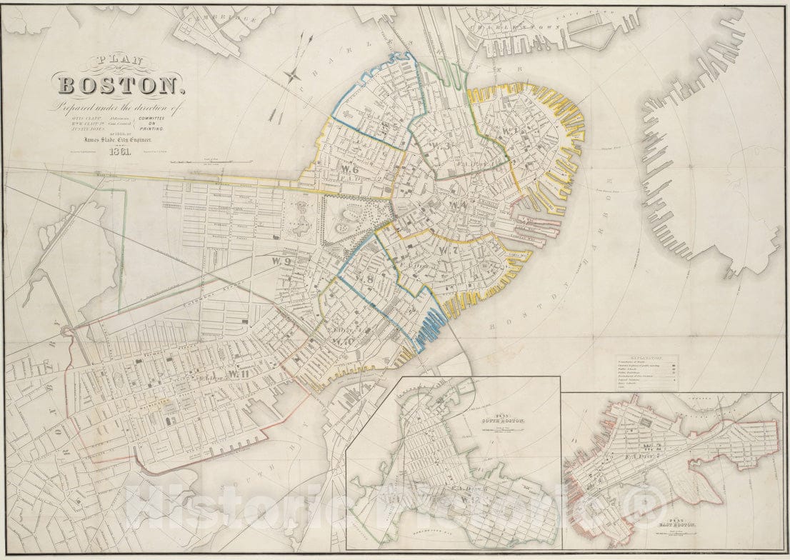 Historical Map, 1861 Plan of Boston, Vintage Wall Art
