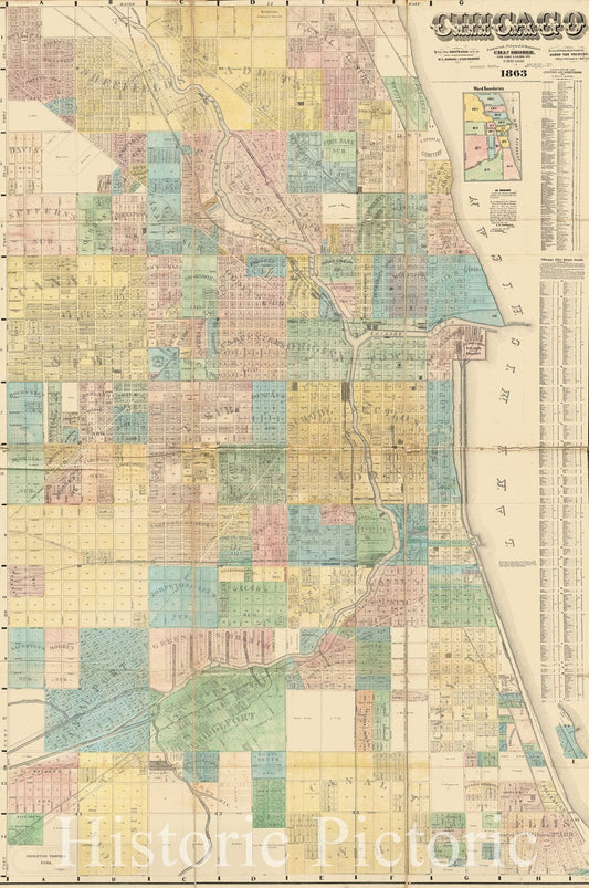 Historic 1863 Map of Chicago, Illinois (IL) - Vintage Wall Art