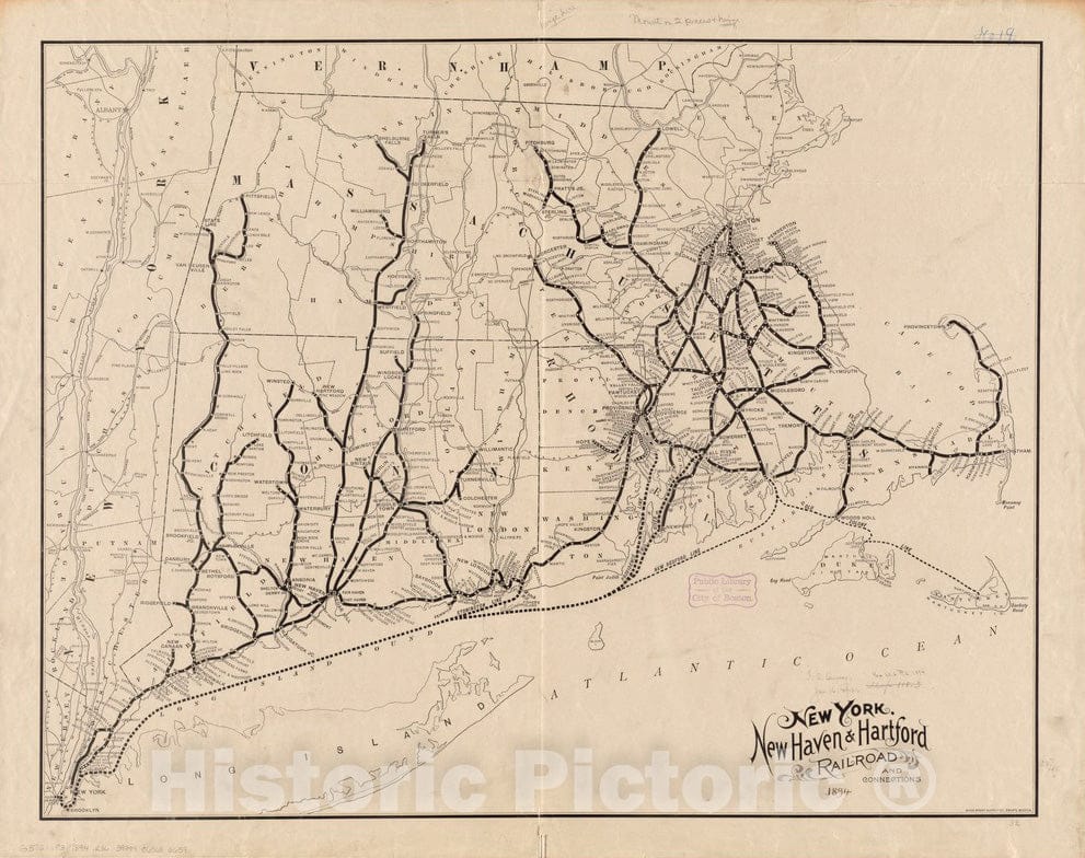 Historical Map, 1894 The New York, New Haven & Hartford Railroad and connections, Vintage Wall Art