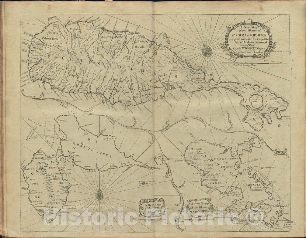 Historical Map, 1761 A New mapp of The Island of St. Christophers, Vintage Wall Art