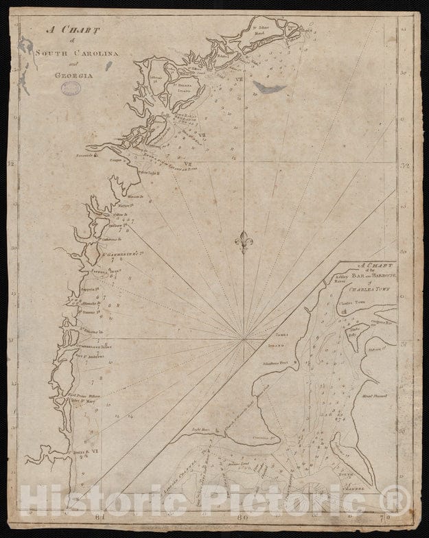 Historical Map, ca. 1798 A Chart of South Carolina and Georgia, Vintage Wall Art