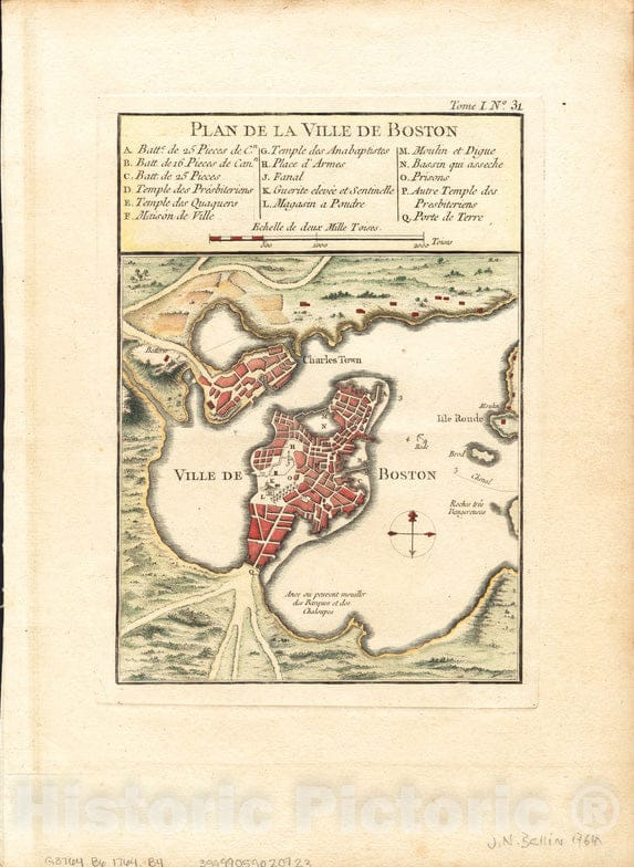 Historical Map, 1764 Plan de la Ville de Boston, Vintage Wall Art