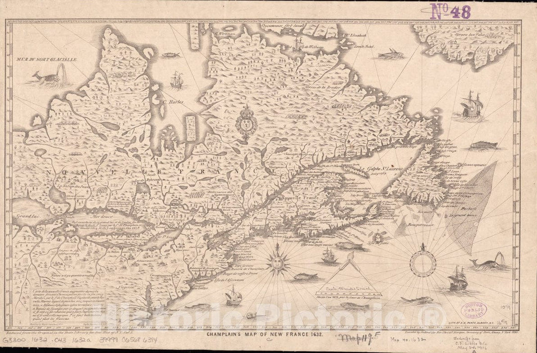 Historical Map, 1850 Carte de la Nouvelle-France, augmenteIe Depuis la derniere, Servant a la Navigation faicte en Son vray Meridien, Vintage Wall Art