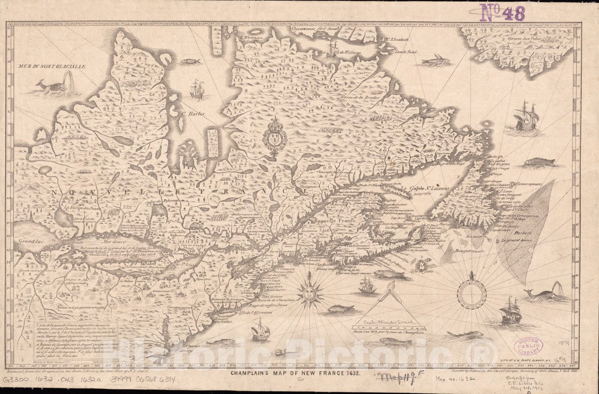 Historical Map, 1850 Carte de la Nouvelle-France, augmenteIe Depuis la derniere, Servant a la Navigation faicte en Son vray Meridien, Vintage Wall Art