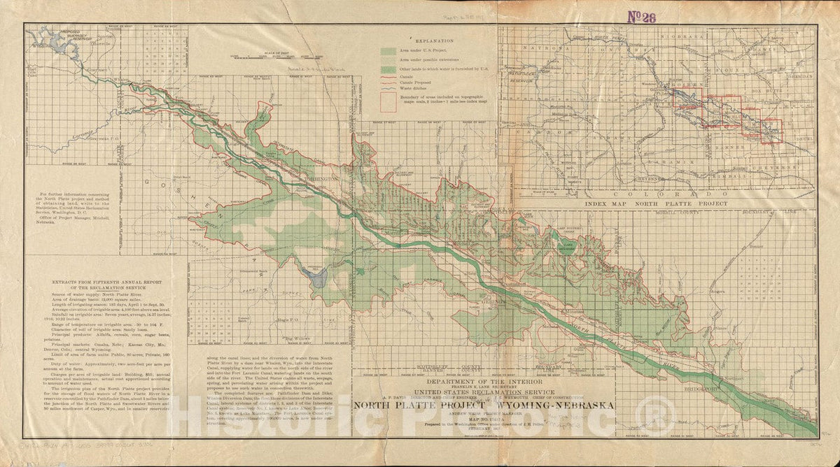 Historical Map, 1917 North Platte Project, Wyoming-Nebraska, Vintage Wall Art