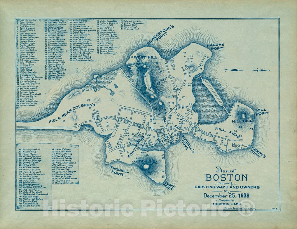 Historical Map, Plan of Boston Showing existing Ways and Owners on December 25, 1638, Vintage Wall Art