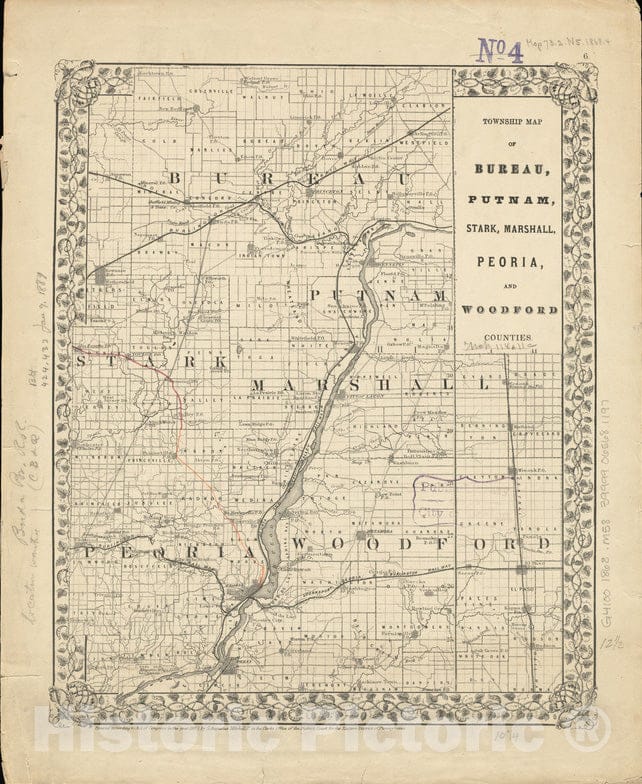 Historical Map, 1868 Township map of Bureau, Putnam, Stark, Marshall, Peoria, and Woodford Counties, Vintage Wall Art