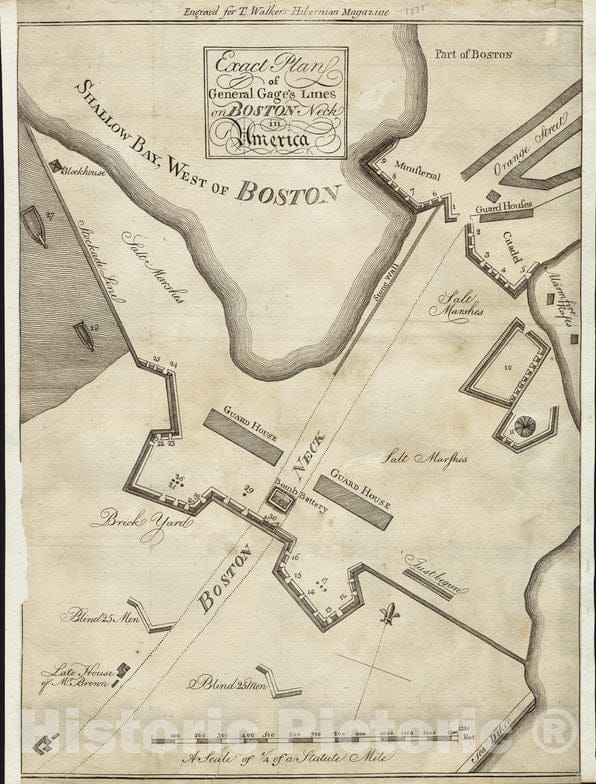Historical Map, 1775 Exact Plan of General Gage's Lines on Boston Neck in America, Vintage Wall Art : 5134942