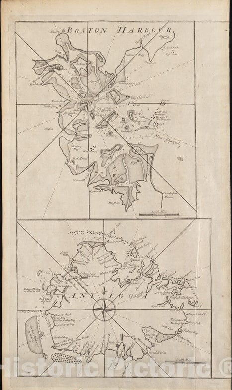 Historical Map, 1728 Boston Harbour, Vintage Wall Art