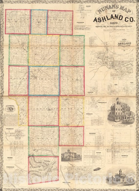 Historical Map, 1861 Nunan's map of Ashland Co, Ohio : Showing The Sections, Farms, Lots, Villages, Vintage Wall Art