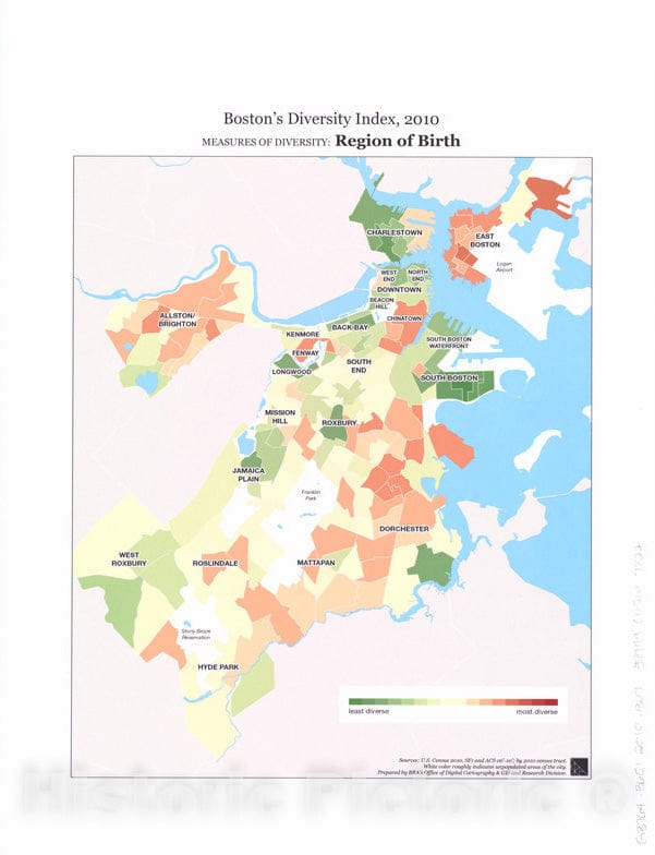 Historical Map, 2014 Boston's Diversity Index, 2010 : Measures of Diversity : Region of Birth, Vintage Wall Art