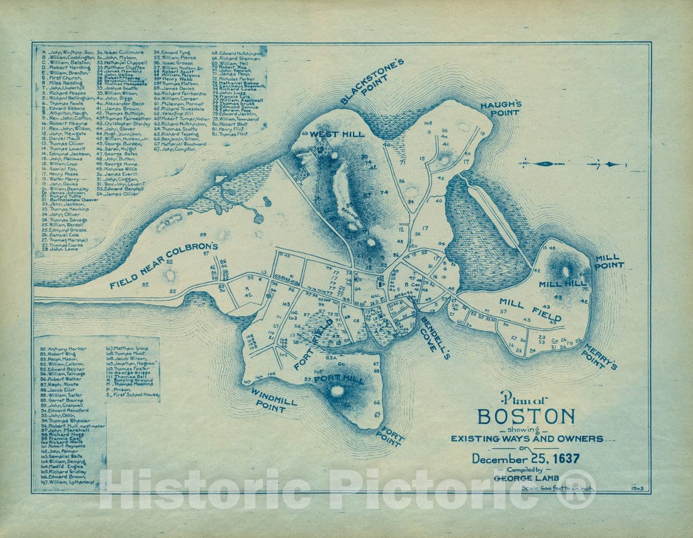 Historical Map, Plan of Boston Showing existing Ways and Owners on December 25, 1637, Vintage Wall Art