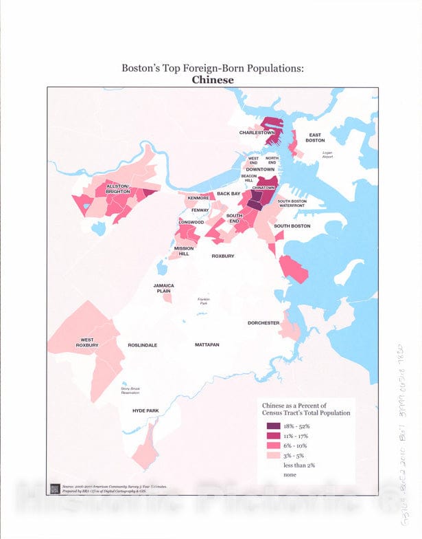 Historical Map, 2014 Boston's top Foreign-Born populations : Chinese, Vintage Wall Art
