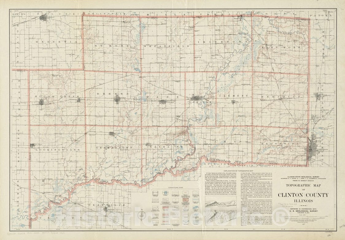 Historical Map, 1914 Topographic map of Clinton County, Illinois, Vintage Wall Art