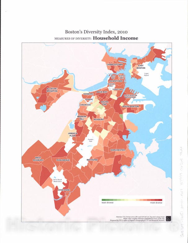 Historical Map, 2014 Boston's Diversity Index, 2010 : Measures of Diversity : Household Income, Vintage Wall Art