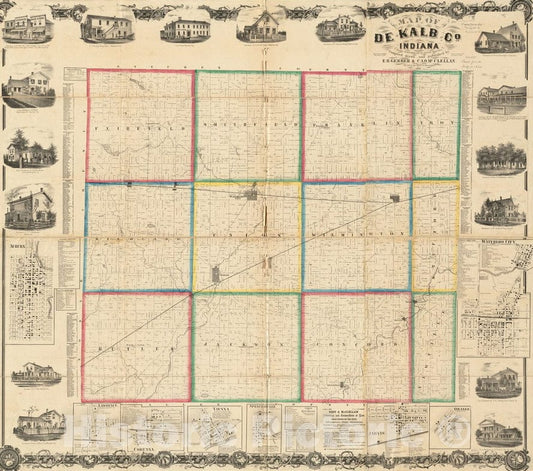 Historical Map, 1863 Map of De Kalb Co, Indiana, Vintage Wall Art