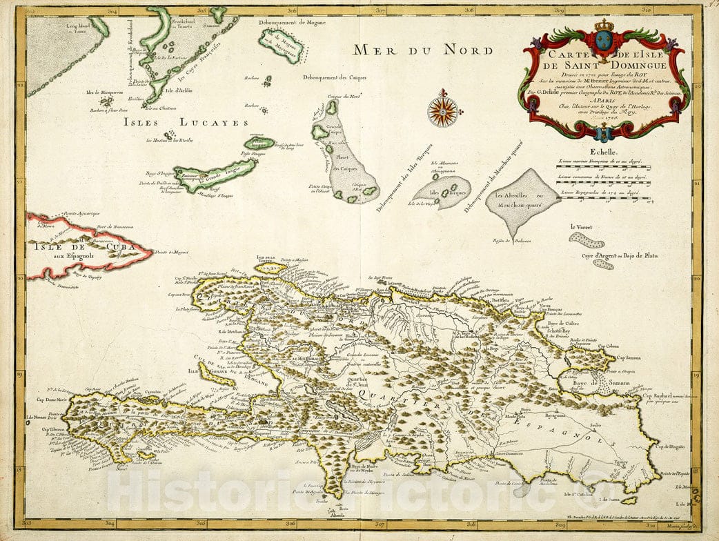 Historical Map, 1725 Carte de l'Isle de Saint Domingue, Vintage Wall Art