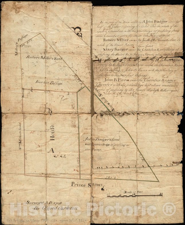 Historical Map, 1798 [Plan of The Land at Prince Street and Snowhill Street, Boston], Vintage Wall Art
