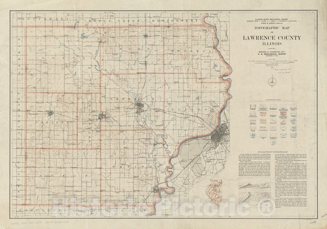 Historical Map, 1917 Topographic map of Lawrence County, Illinois, Vintage Wall Art