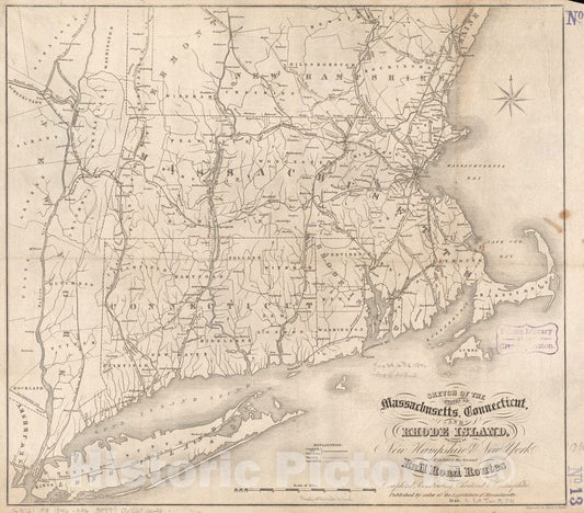 Historical Map, 1846 Sketch of The States of Massachusetts, Connecticut, and Rhode Island, and Parts of New Hampshire & New York exhibiting The Several Rail Road, Vintage Wall Art