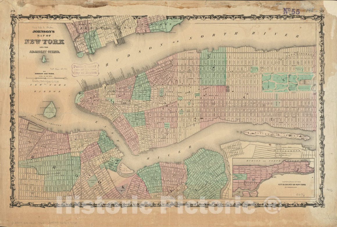 Historical Map, 1864 Johnson's map of New York and The Adjacent Cities, Vintage Wall Art
