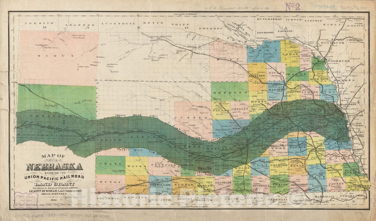 Historical Map, 1883 Map of Nebraska Showing The Union Pacific Railroad Land Grant, Vintage Wall Art