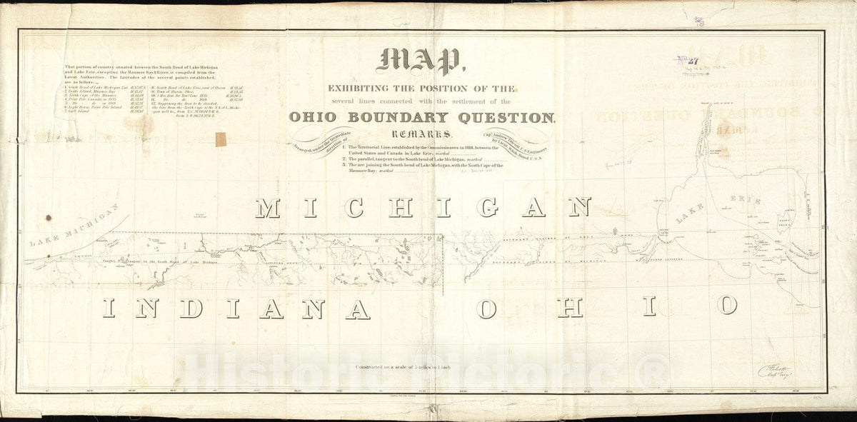 Historical Map, 1835 Historical Map, exhibiting The Position of The Several Lines Connected with The Settlement of The Ohio Boundary question, Vintage Wall Art