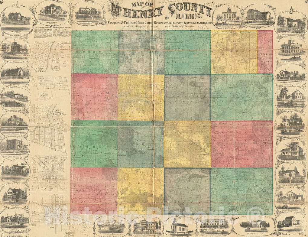 Historical Map, 1862 Map of McHenry County, Illinois, Vintage Wall Art