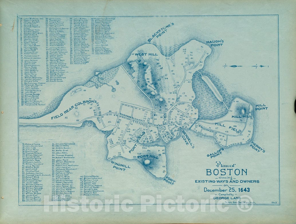 Historical Map, Plan of Boston showing existing ways and owners on December 25, 1643, Vintage Wall Art