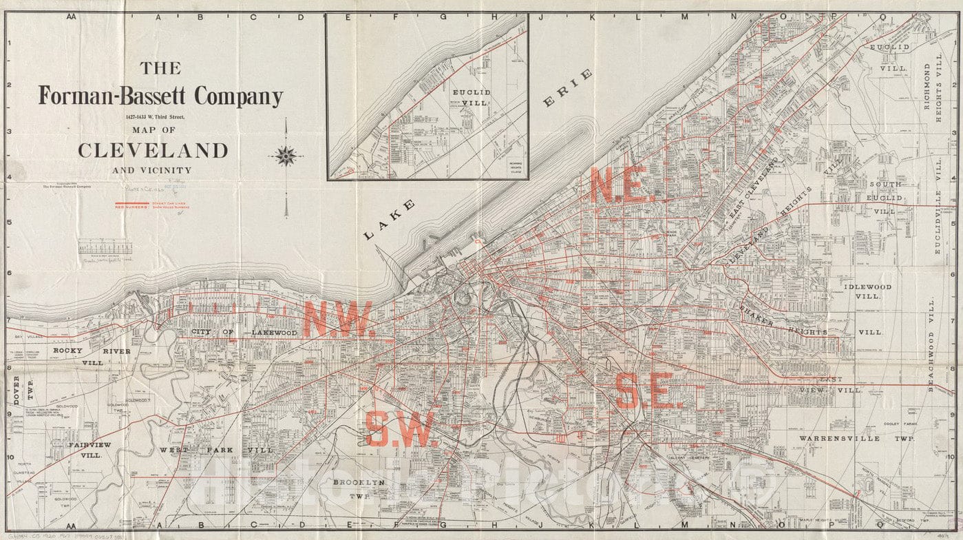 Historical Map, ca. 1920 Map of Cleveland and Vicinity, Vintage Wall Art
