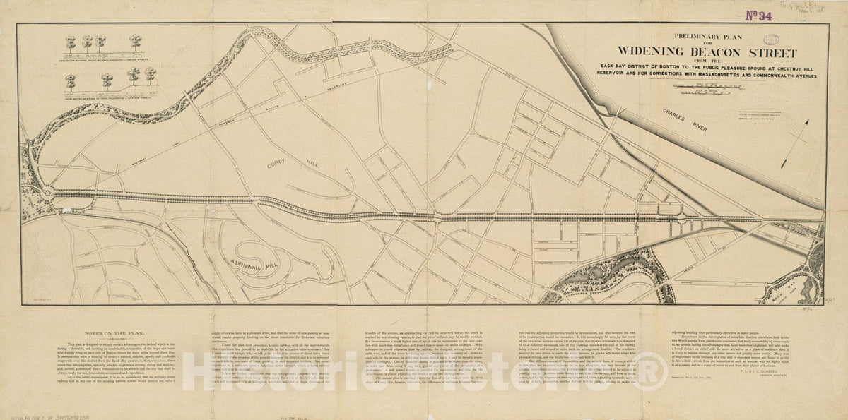 Historical Map, 1886 Preliminary Plan for widening Beacon Street from The Back Bay District of Boston to The Public Pleasure Ground at Chestnut Hill Reservoir an, Vintage Wall Art