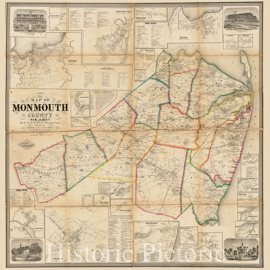Historical Map, 1861 Map of Monmouth County, New Jersey, Vintage Wall Art