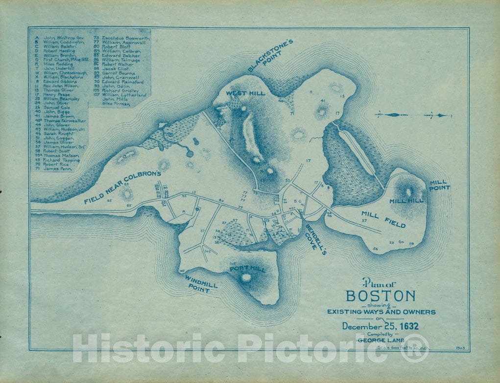 Historical Map, Plan of Boston Showing existing Ways and Owners on December 25, 1632, Vintage Wall Art