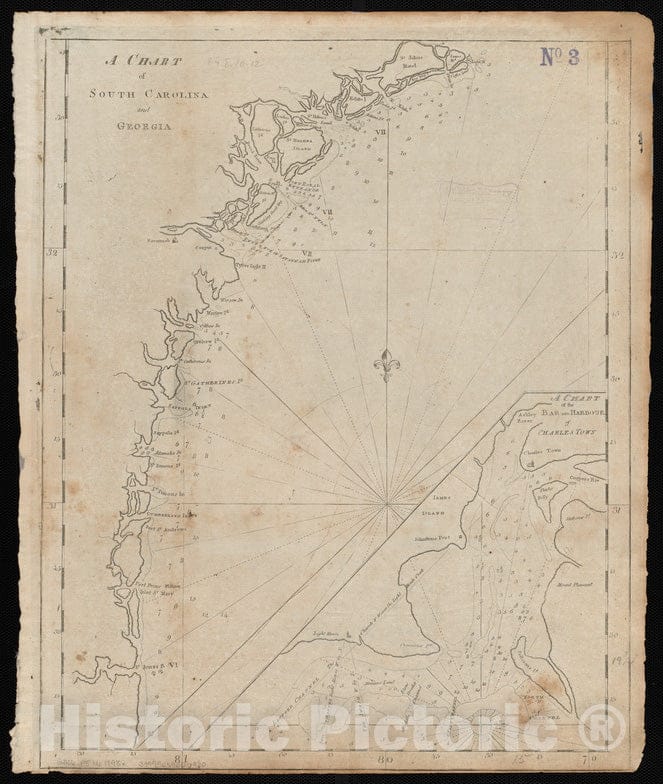 Historical Map, 1798 A Chart of South Carolina and Georgia, Vintage Wall Art