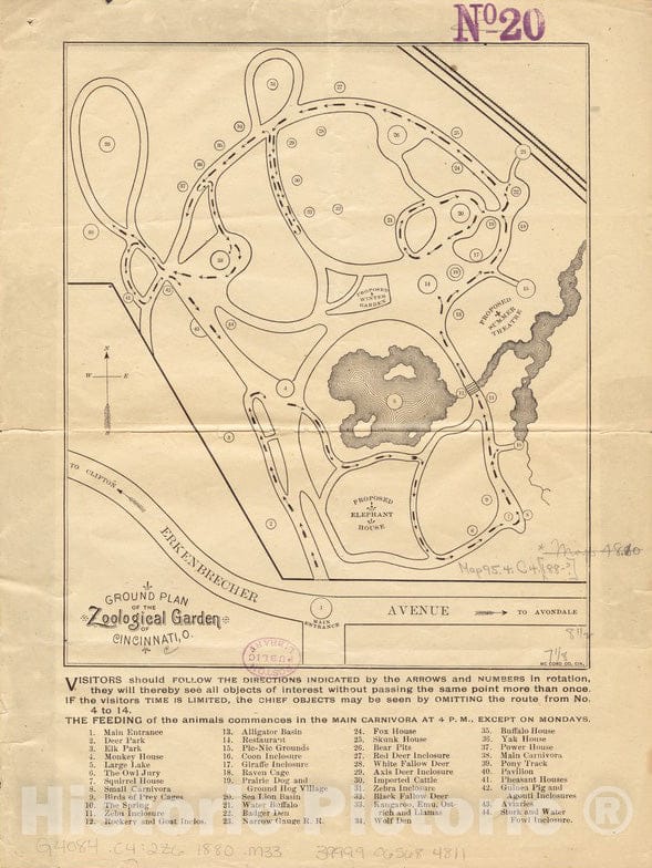 Historical Map, 1880-1889 Ground Plan of The Zoological Garden of Cincinnati, O, Vintage Wall Art