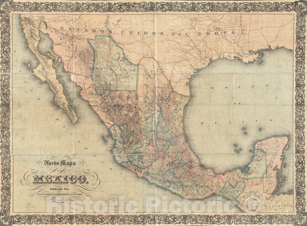 Historical Map, 1882 Nuevo mapa de Mexico, Vintage Wall Art