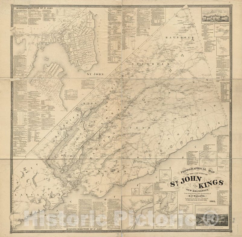 Historical Map, 1862 Topographical map of The Counties of St. John and Kings, New Brunswick, Vintage Wall Art
