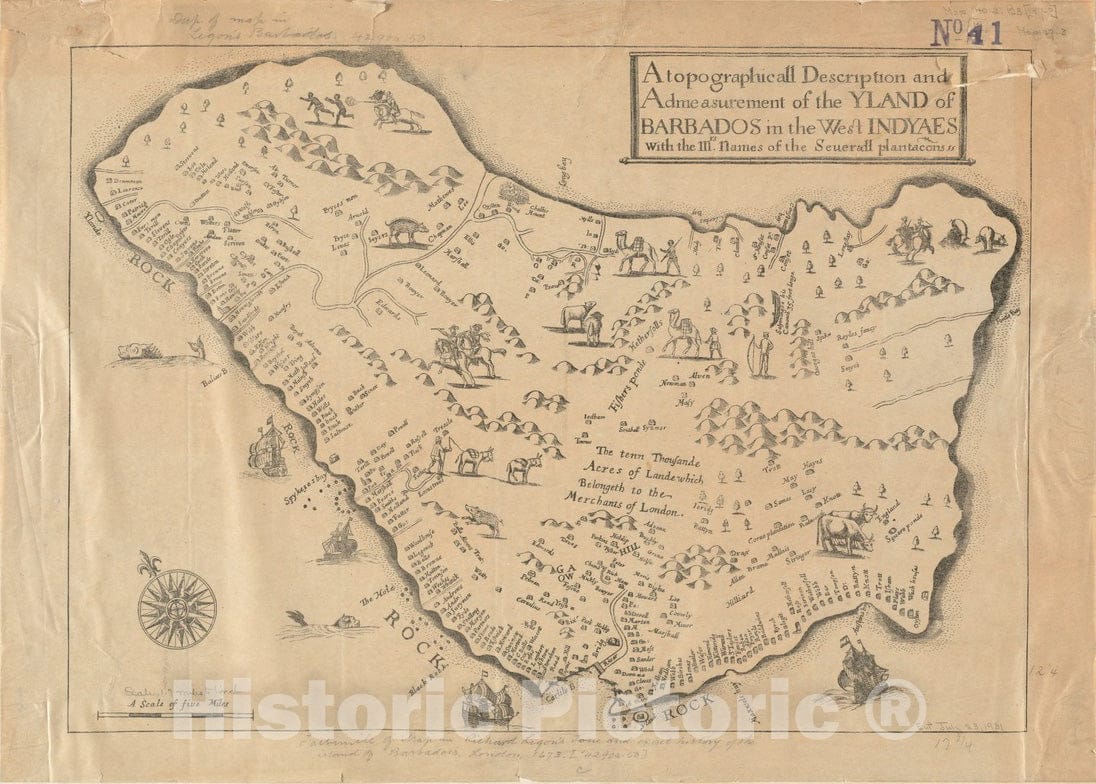 Historical Map, 1870-1879 A topographicall description and admeasurement of the yland of Barbados in the West Indyaes : with the mrs. names of the seureall Plantacons, Vintage Wall Art