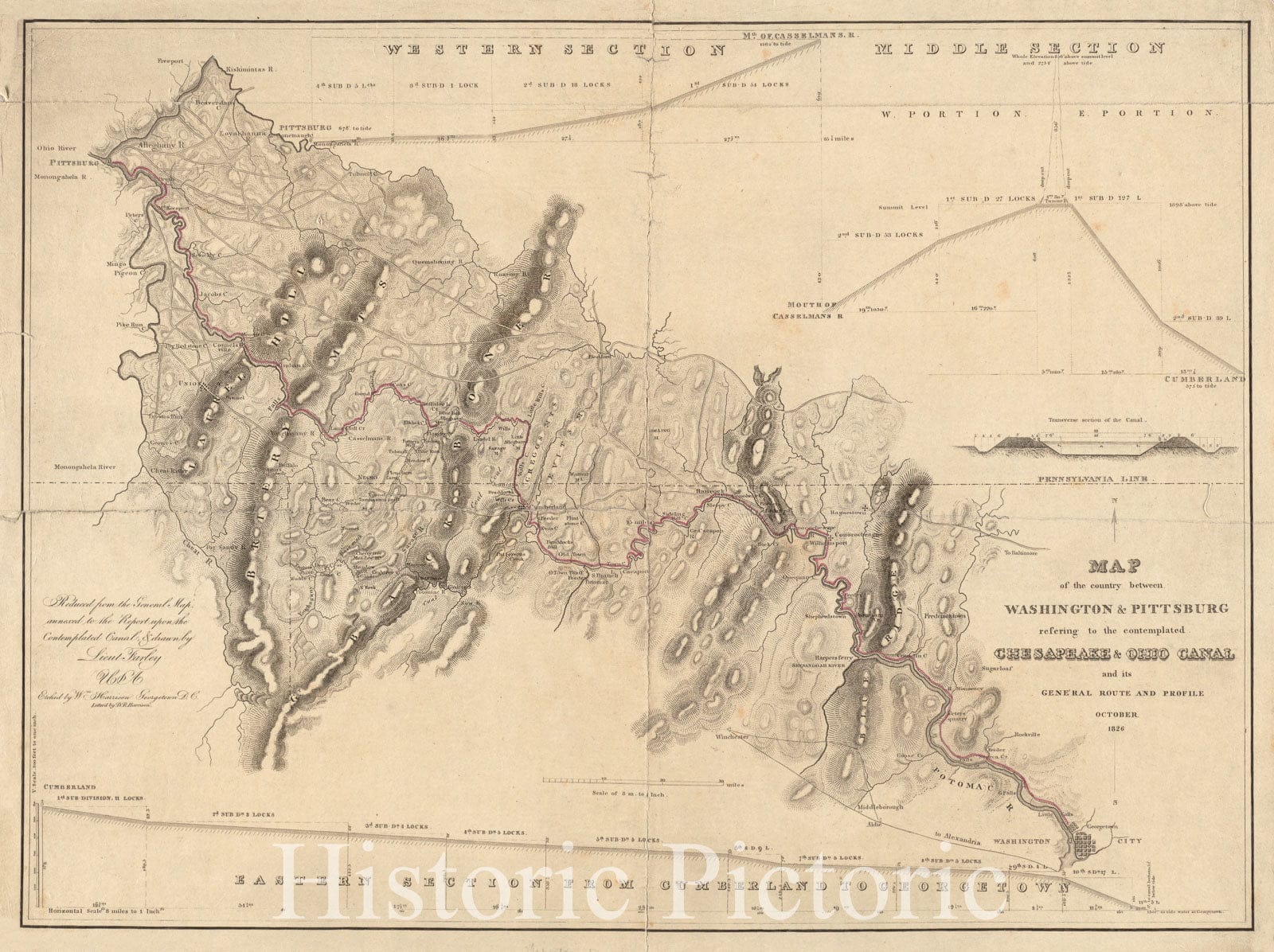 Historical Map, 1826 Map of The Country Between Washington & Pittsburg refering to The contemplated Chesapeake & Ohio Canal and its General Route and Profile, October 1826, Vintage Wall Art