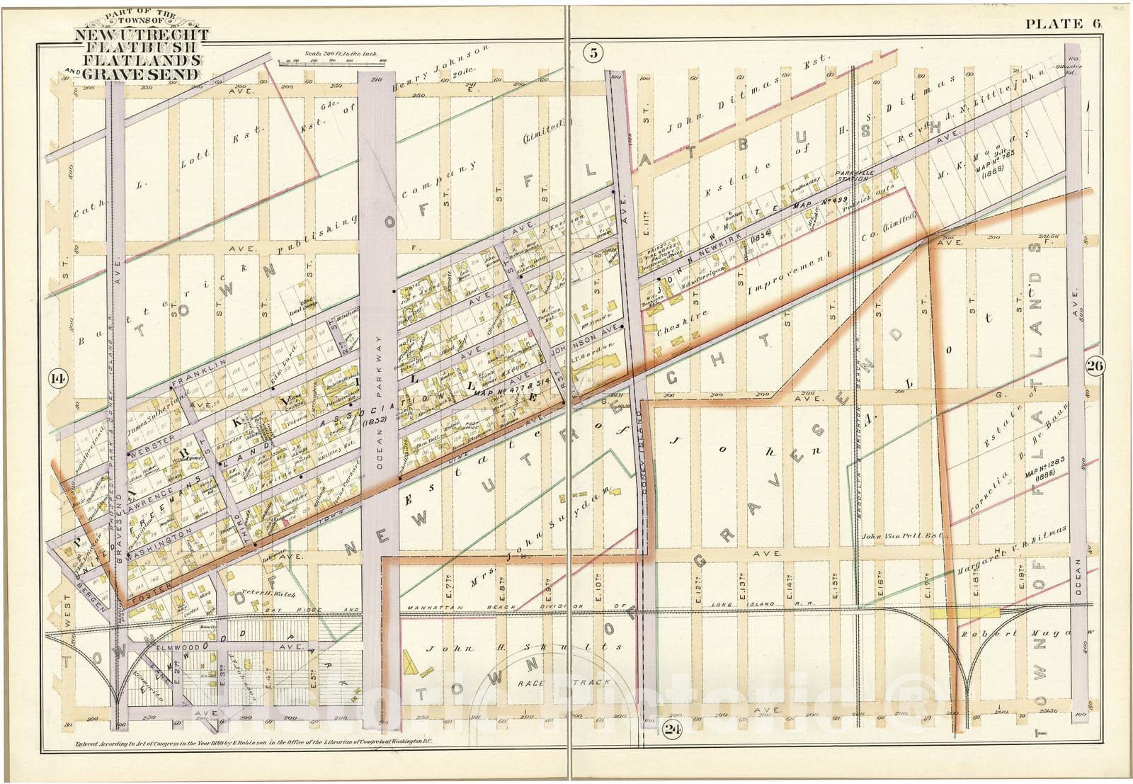 Historic 1890 Map - Robinson's Atlas of Kings County, New York - Plate 6 - Part of The Towns of New Utrecht, Flatbush, Flatlands and Gravesend