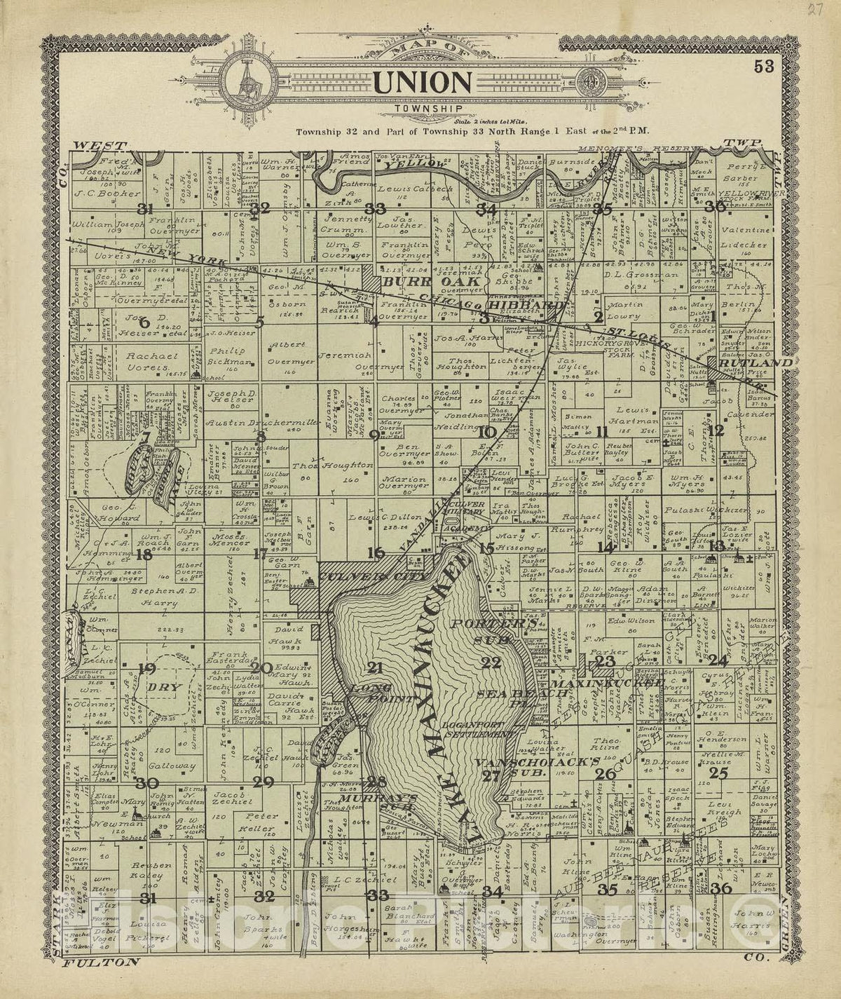 Historic 1908 Map - Standard Atlas of Marshall County, Indiana - Map of Center Township and Argos, Walnut Township