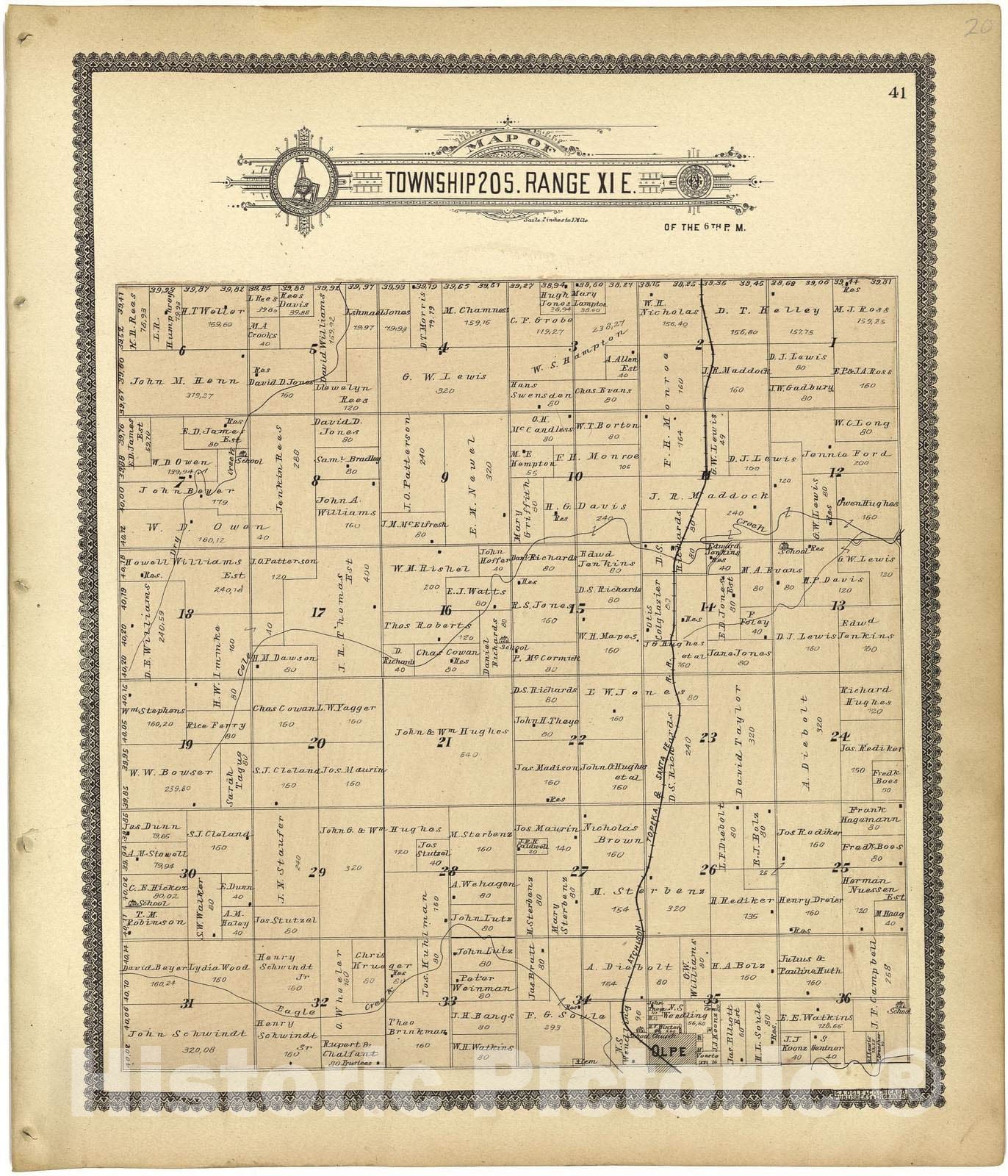 Historic 1901 Map - Standard Atlas of Lyon County, Kansas - Map of Township 20 S. Range XII & Part of XIII E.