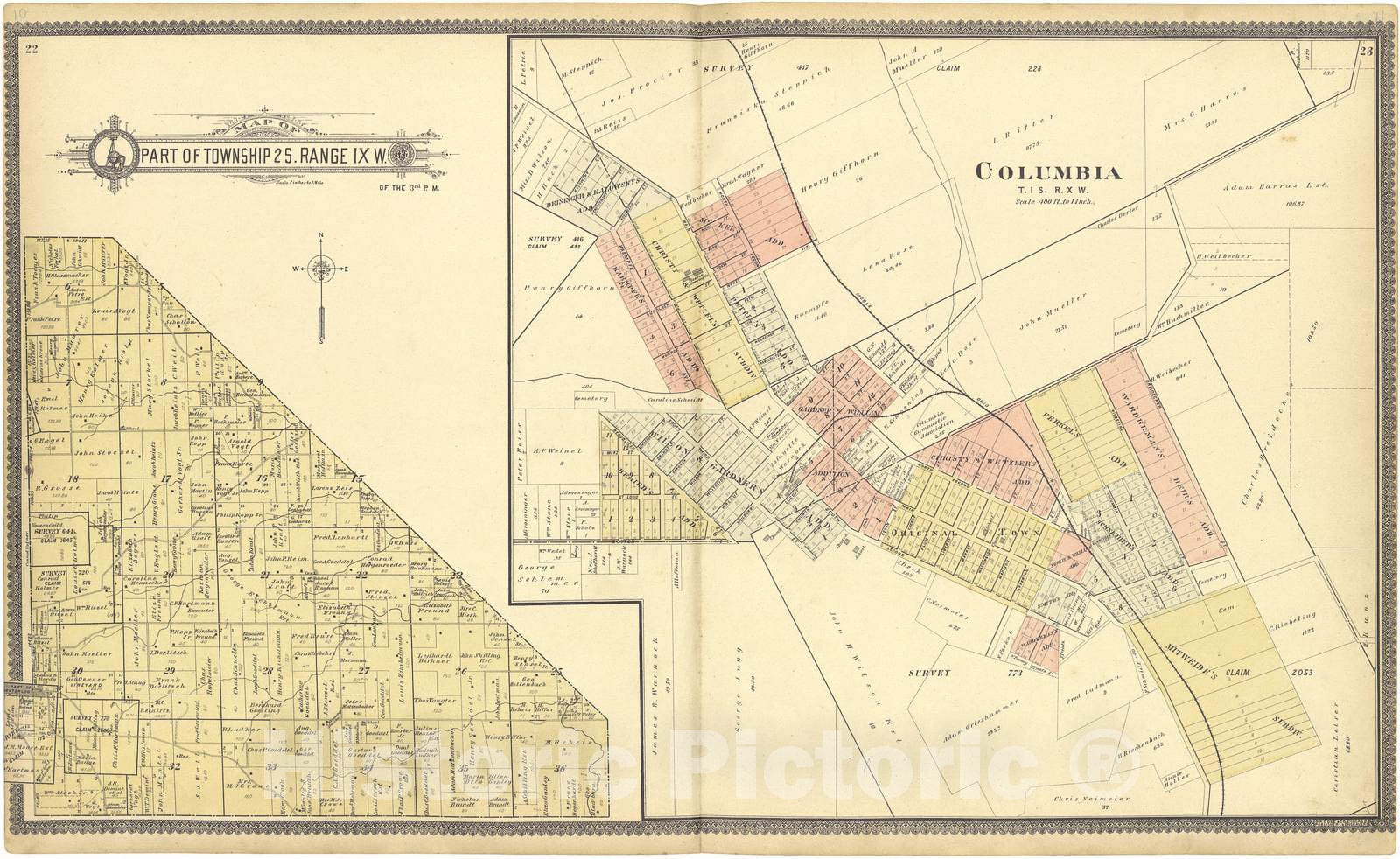 Historic 1901 Map - Standard Atlas of Monroe County, Illinois - Map of Part of Townships 1 N. & 1 S. Ranges IX, X & XI W.