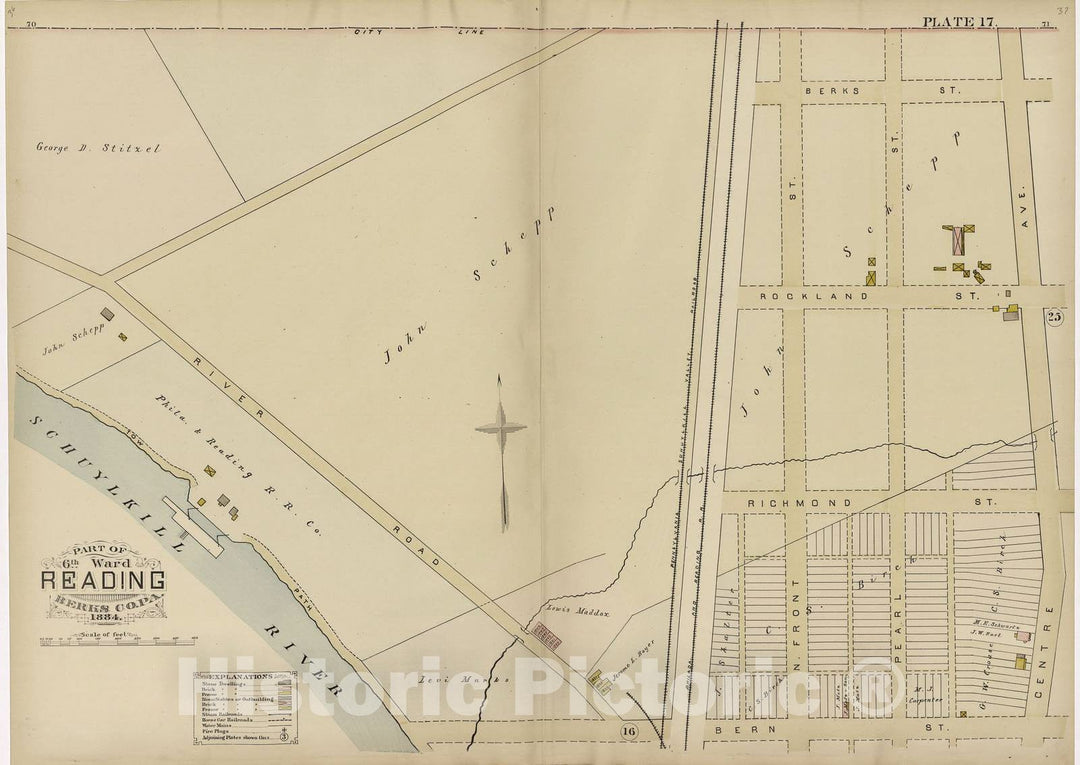 Historic 1884 Map - Property and Insurance Atlas of The City of Reading, Berks County, Penna. - Plate 44: Part of 11th Ward Reading, Berks Co, Pa, 1884
