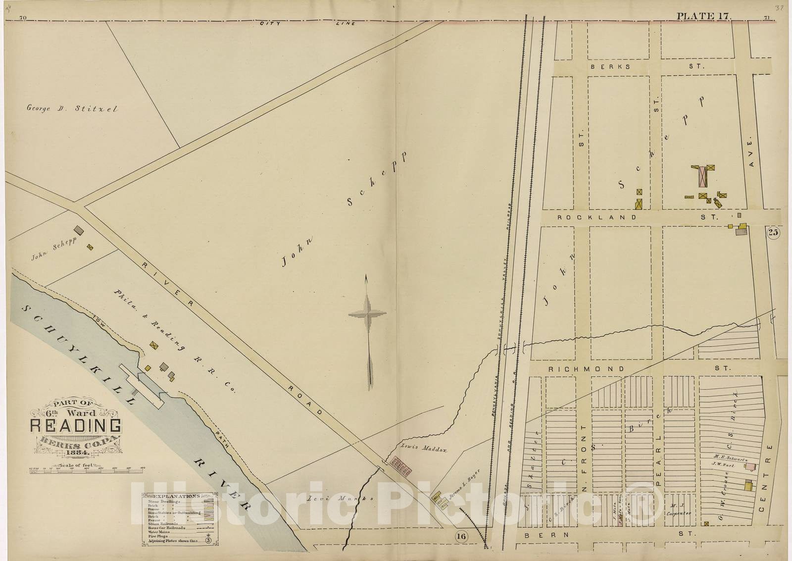 Historic 1884 Map - Property and Insurance Atlas of The City of Reading, Berks County, Penna. - Plate 44: Part of 11th Ward Reading, Berks Co, Pa, 1884