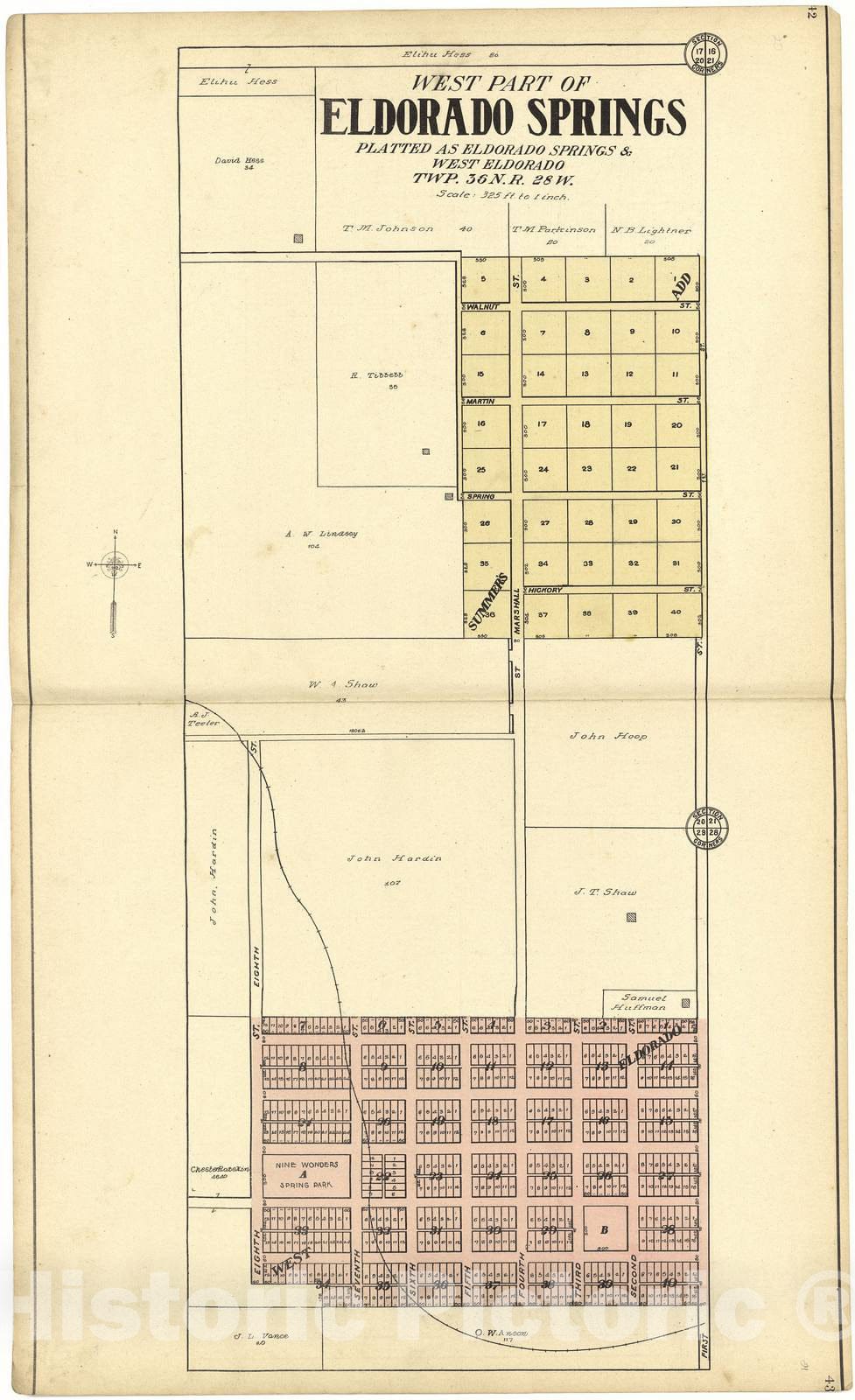 Historic 1908 Map - Standard Atlas of Cedar County, Missouri - West Part of Eldorado Springs