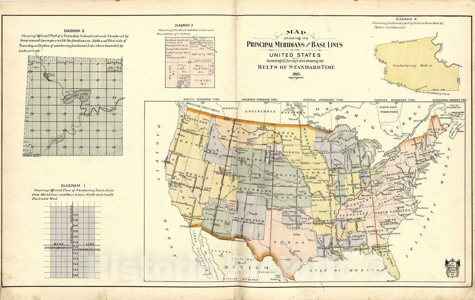 Historic 1906 Map - Atlas of Ida County, Iowa - Map Showing The Principal Meridians and Base Lines; Diagrams Describing System
