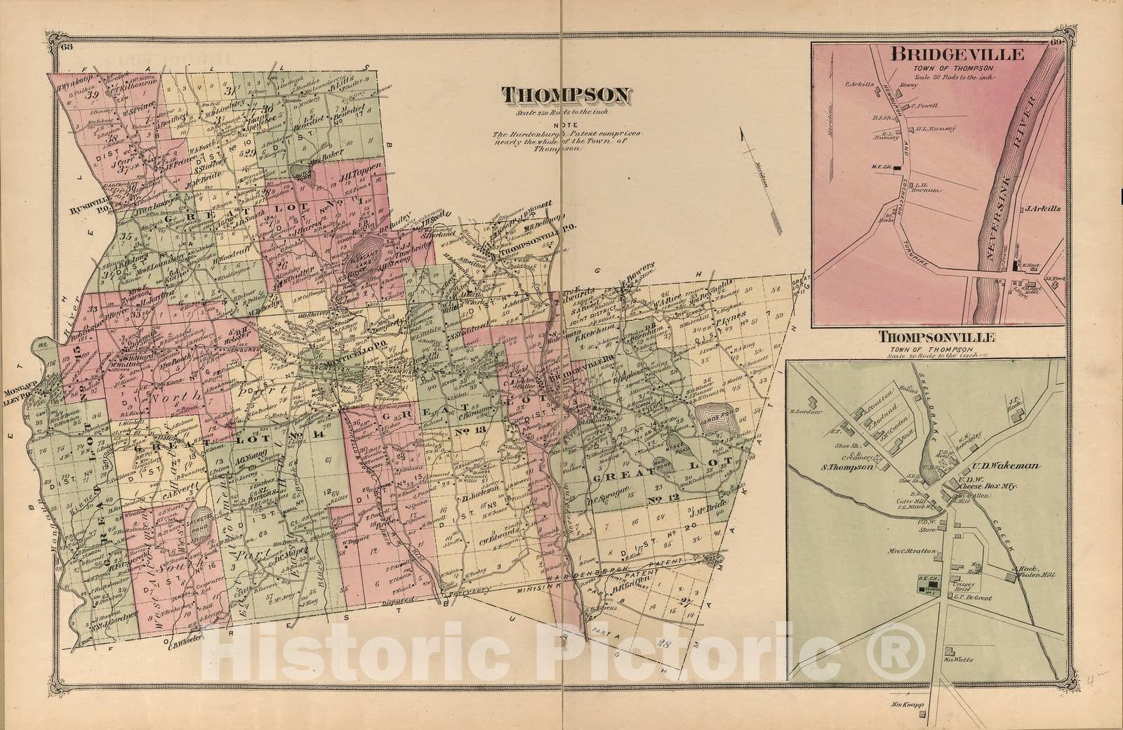 Historic 1875 Map - County Atlas of Sullivan, New York - Thompson, Bridgeville, Thompsonville