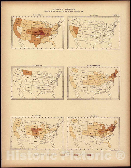 Historic 1898 Map - Statistical Atlas of The United States, Based Upon The Results of The Eleventh Census - Interstate Migration : 1890 (in, Indian Territory, IA, KS, KT, LA)