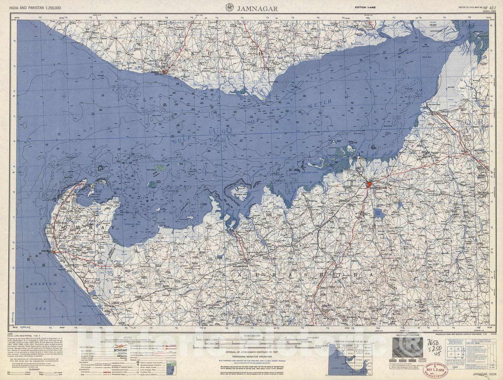 Historic 1955 Map - India and Pakistan 1:250,000. - Jamnagar, 1959